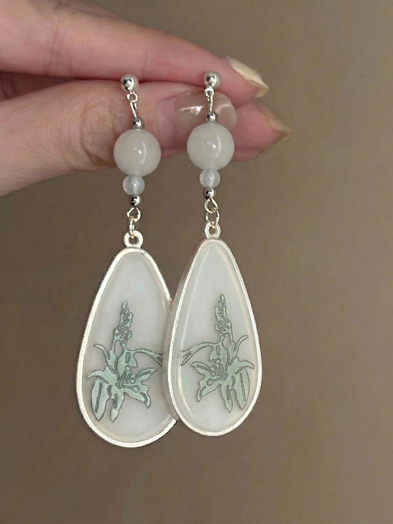 Boucles d'Oreilles Pendantes en Jade Style Ethnique Chinois Vintage
