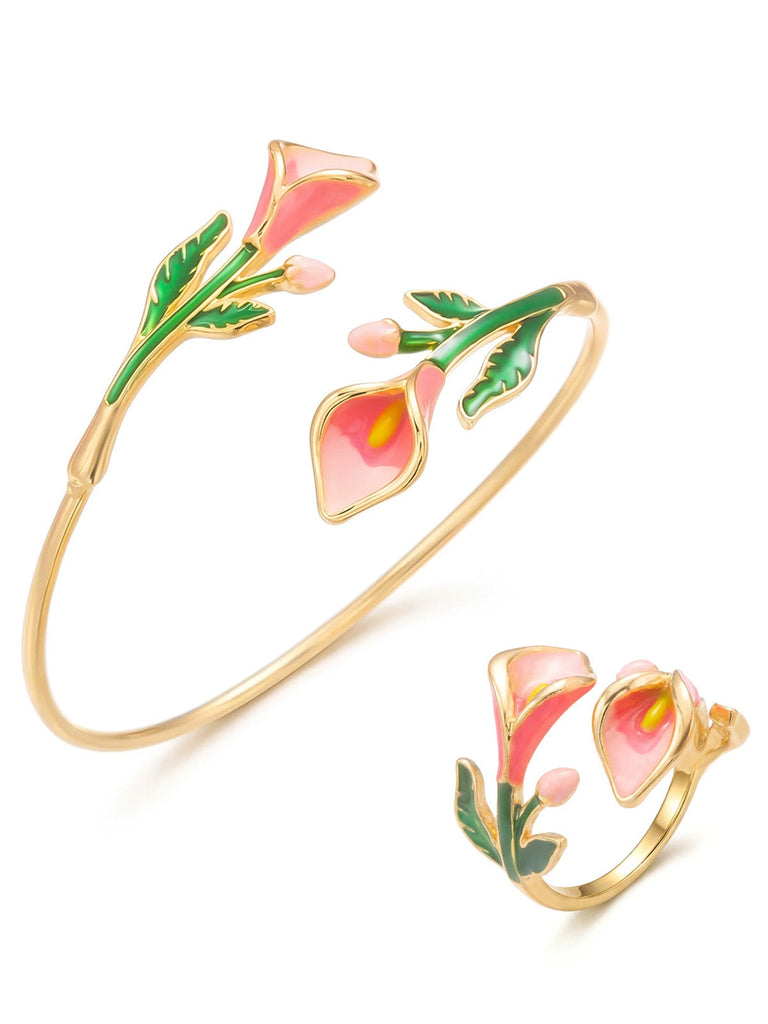 Ensemble Bracelet Manchette et Bague Floral Vintage