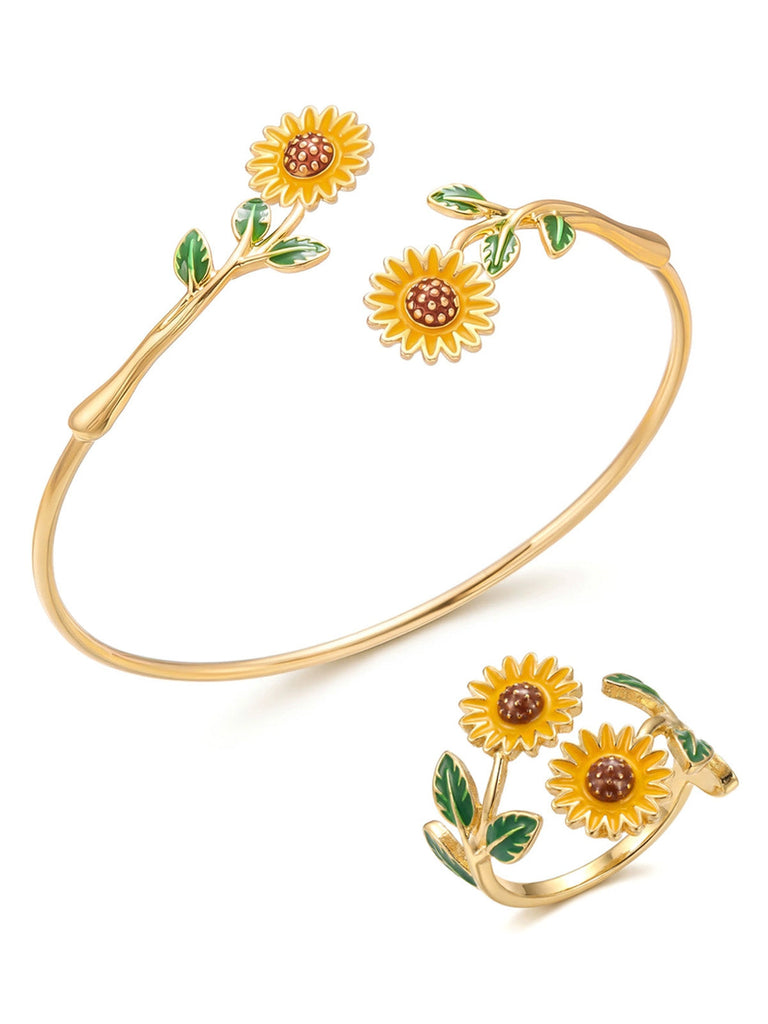 Ensemble Bracelet Manchette et Bague Floral Vintage