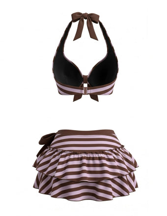 [Prévente] Rayée Dos-Nu Nœud à Volants Ensemble Bikini Violet Années 1950 2