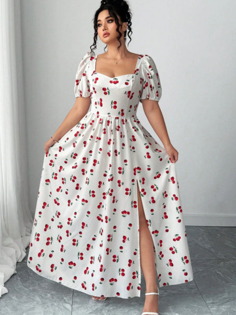 [Grande Taille] Robe Longue à Fente Imprimé Cerises Blanche Années 1940 3
