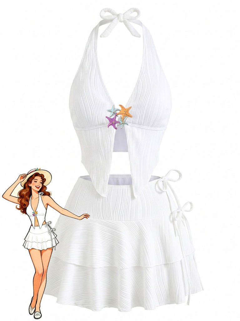 3PCS Blanc Uni Étoile de Mer Dos-Nu Maillot de Bain Années 1950
