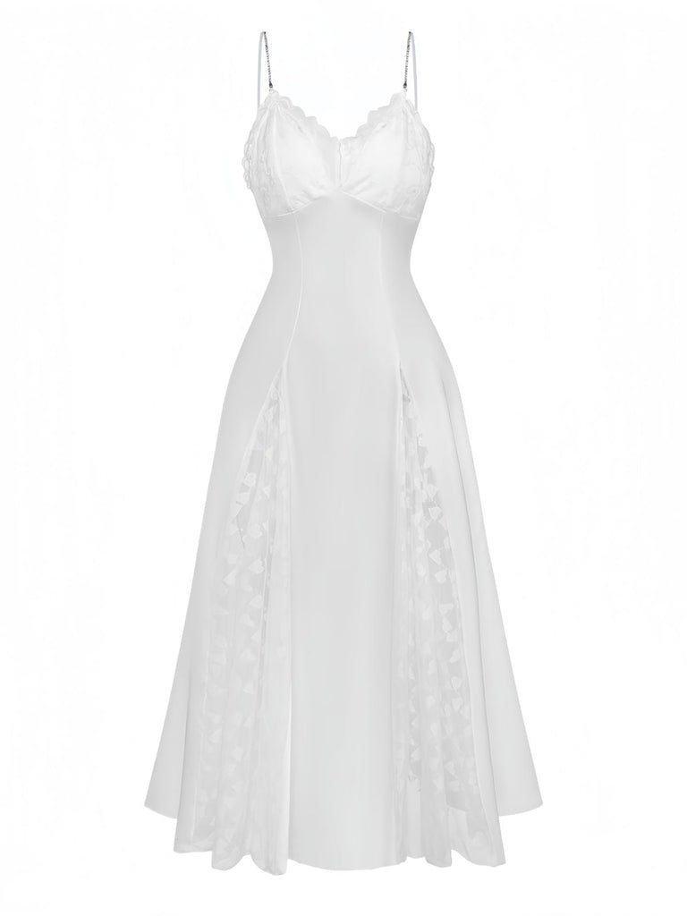 Chemise de Nuit Maxi en Satin Dentelle Strass Fendue Blanc Années 50
