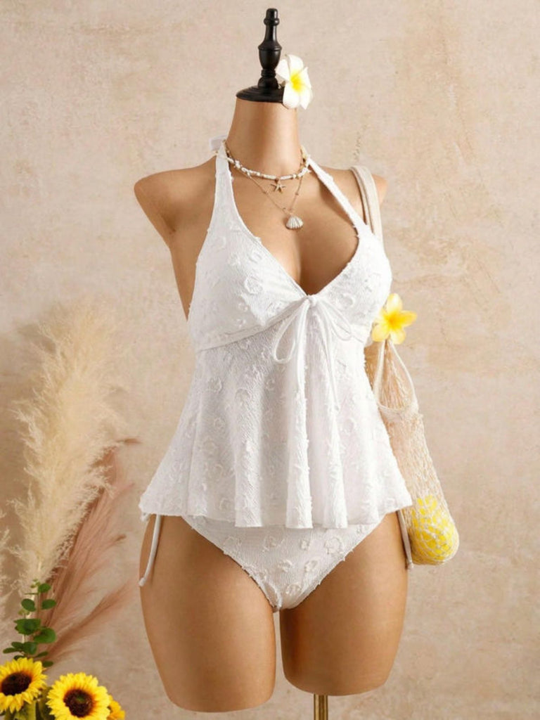 Texturé Floral Halter Profond V Ensemble Tankini Années 1950 14