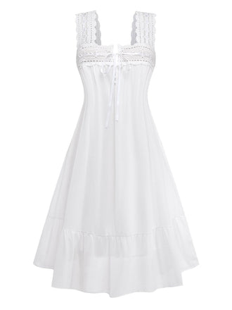 Front: White 1940s Solid Lace Patchwork Tie Front Dress, timeless beauty, perfect for vintage fashion lovers