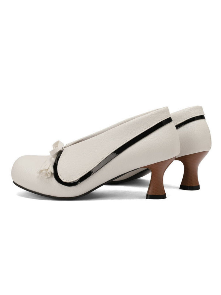 Chaussures rétro à nœud en PU, bout rond et talon compensé