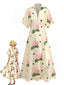 Robe Longue Jaune Col V Florale Années 1940
