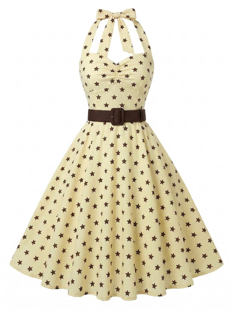 [Prévente] Robe Évasée Dos-Nu Ceinturée à Étoiles Jaune Années 1950