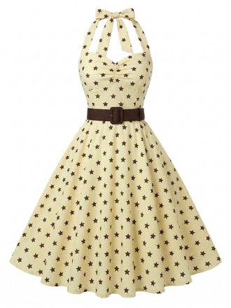 [Prévente] Robe Évasée Dos-Nu Ceinturée à Étoiles Jaune Années 1950