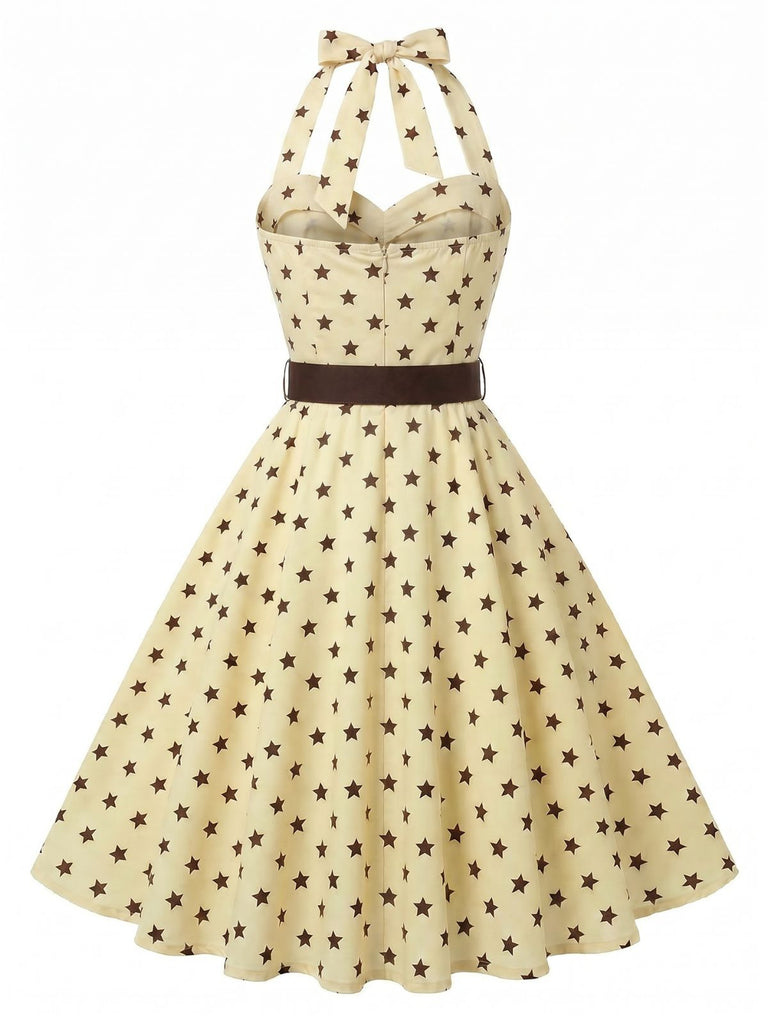 [Prévente] Robe Évasée Dos-Nu Ceinturée à Étoiles Jaune Années 1950 2