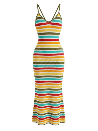 Bohème Rayée Tricot Dos Ouvert Moulante Robe Multicolore Années 1970 2