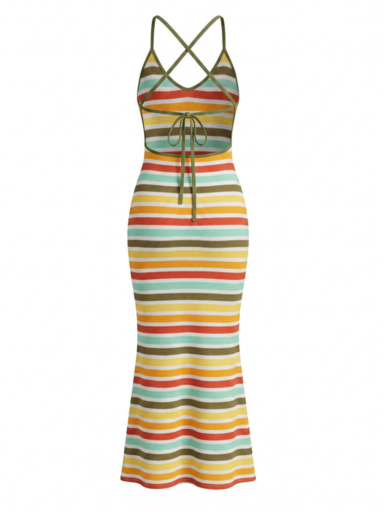 Bohème Rayée Tricot Dos Ouvert Moulante Robe Multicolore Années 1970 4
