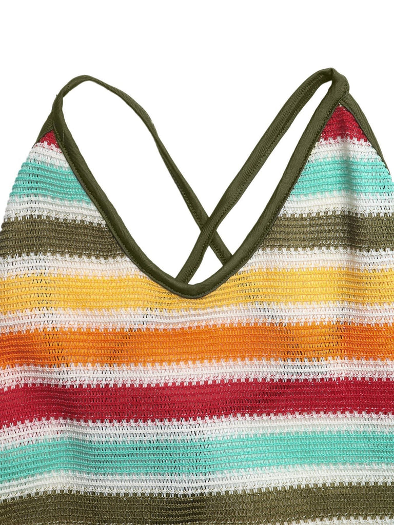 Bohème Rayée Tricot Dos Ouvert Moulante Robe Multicolore Années 1970 6