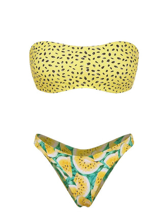 Front: Yellow 1970s Kiwi Print Bandeau Bikini Set, retro fashion design, perfect for vintage fashion lovers
