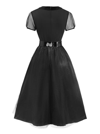 Robe noire en tulle transparent col Claudine et ceinture des années 1940