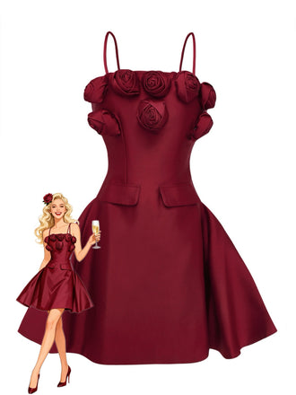 Robe Courte Rouge Vin  Unie Fleurs 3D Années 1960