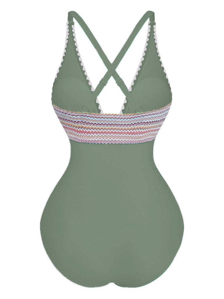 Maillot De Bain Une Pièce Col V Profond Ondulé Patchwork Année 1940