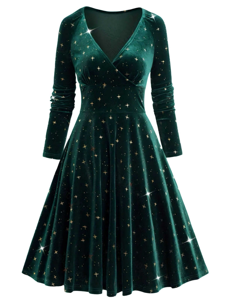 Robe en velours col en V et étoiles vert foncé des années 1940