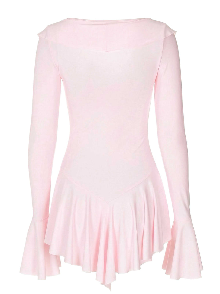 Robe rose col en V et manches évasées volants années 60