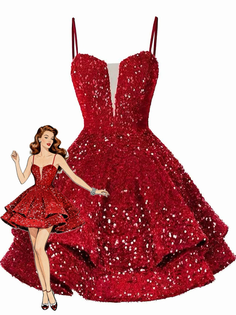 Robe de soirée mini rouge à paillettes décolleté en V profond et lacets années 1950