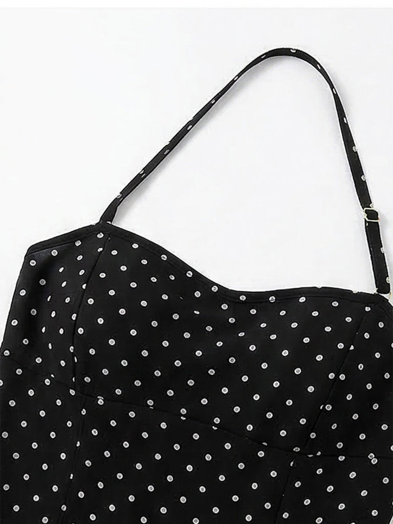 Noir à Pois Halter Dos Nu Maillot de Bain à Jupe Années 1950 5