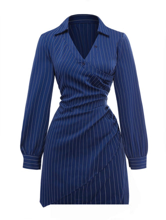 Robe chemise rayée fines bleue col Johnny des années 60