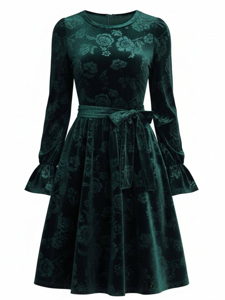 Robe en velours vert à imprimé roses et jacquard années 1960