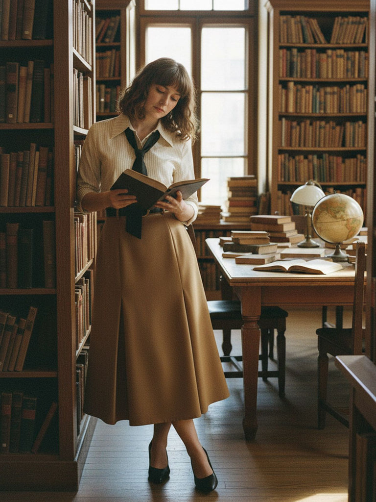 [Prévente] Robe kaki rayé patchwork plissée col revers et cravate années 1930