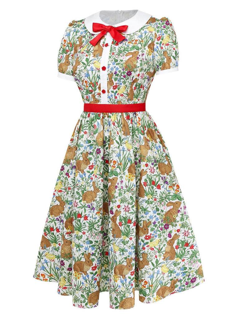 Angled studio view of the flared A-line dress showcasing the full skirt and puff sleeve silhouette.