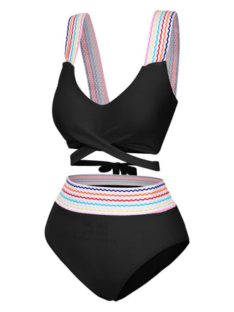 Ensemble bikini à bretelles larges noué dans le dos colorblock des années 1940
