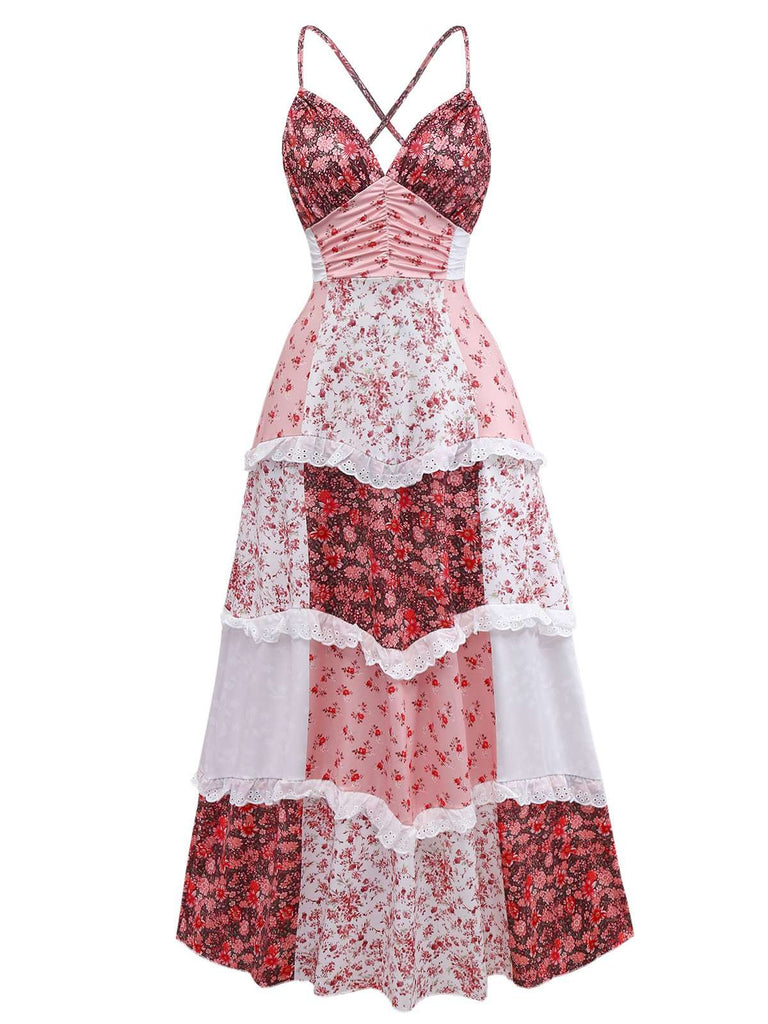 Robe multicolore motif floral quilt et bretelles volants années 1930
