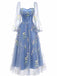 Robe longue à manches longues en maille brodée de fleurs bleues années 1930