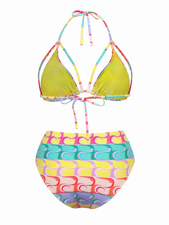 Ensemble bikini dos nu multicolore à lacets arc-en-ciel années 1960