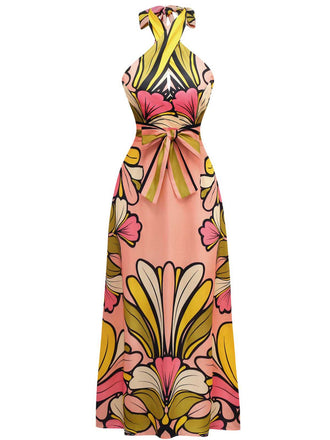 Robe dos nu à fleurs style bohème avec ceinture des années 1970