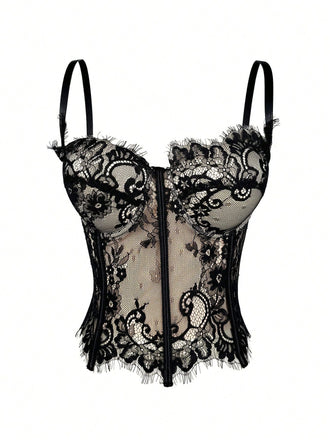 Haut court Corset steampunk noir en dentelle bretelles années 1980