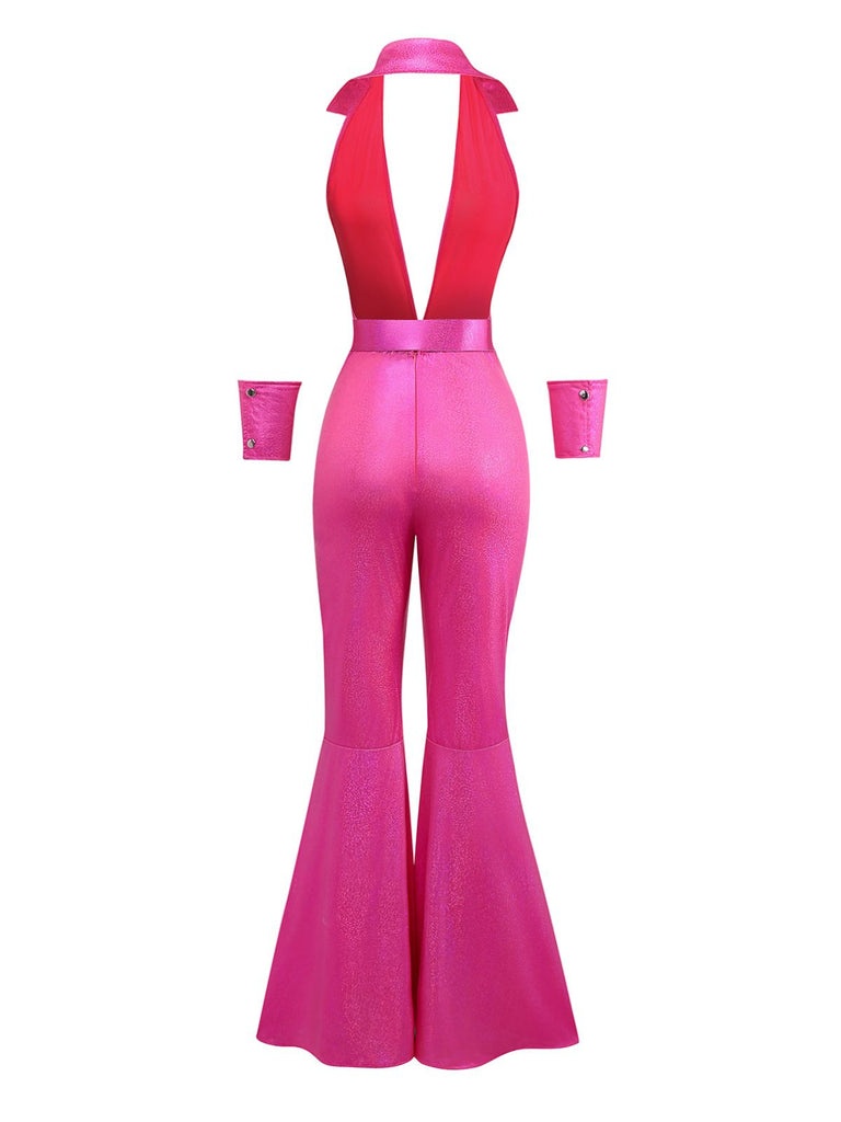 Combinaison disco rose métallisée à décolleté plongeant années 1970