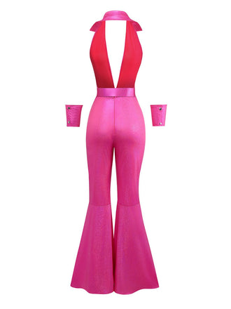 Combinaison disco rose métallisée à décolleté plongeant années 1970