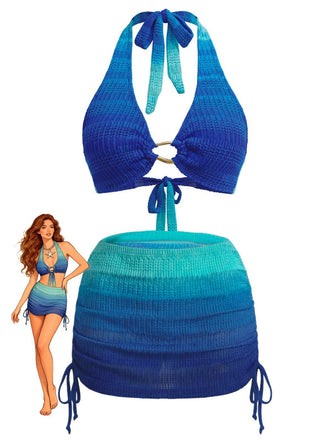 Ensemble bikini bleu et vert avec un mannequin sur fond blanc