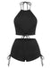 Classic black two-piece swimsuit featuring halter neck design and ruched fabric details, ideal for retro beach style and summer holidays