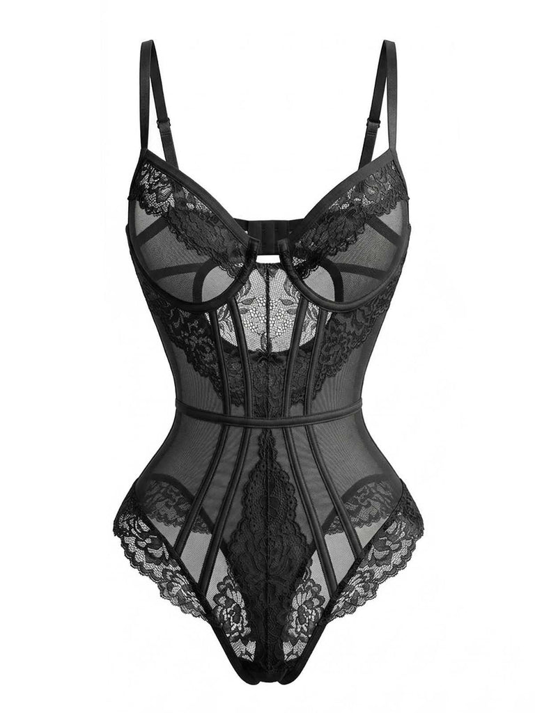 Front studio shot of the black version of the floral lace and mesh structural bodysuit.