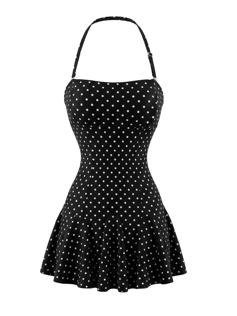 Noir à Pois Halter Dos Nu Maillot de Bain à Jupe Années 1950