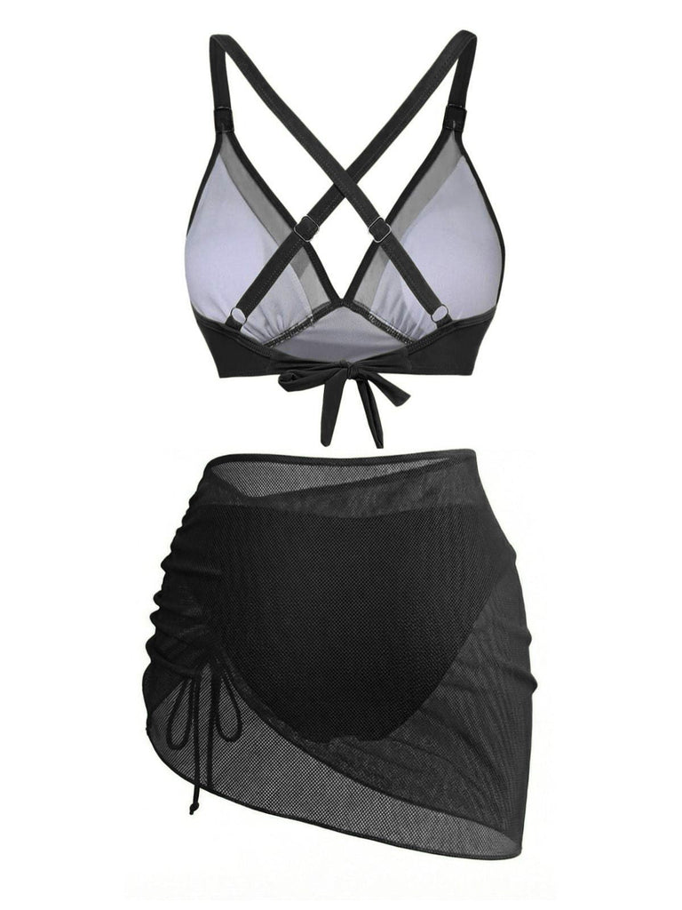 Back: 3PCS 1950s Solid Metal Button Bikini Set, vintage charm, perfect for vintage fashion lovers