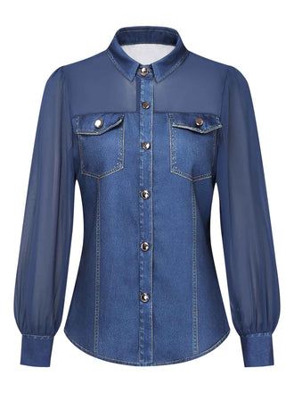 Blouse bleu marine en mousseline effet denim à col revers Années 1980 - 1