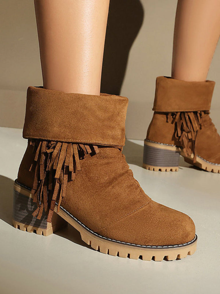 Bottes en suédine à revers modulable, franges et talons épais - 16