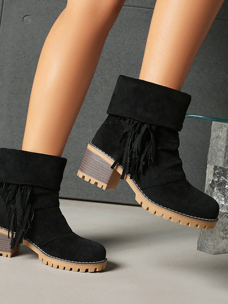 Bottes en suédine à revers modulable, franges et talons épais - 4