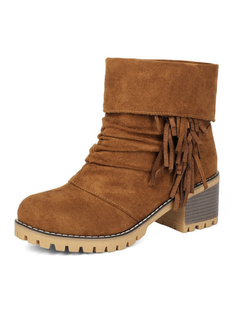 Bottes en suédine à revers modulable, franges et talons épais - 8