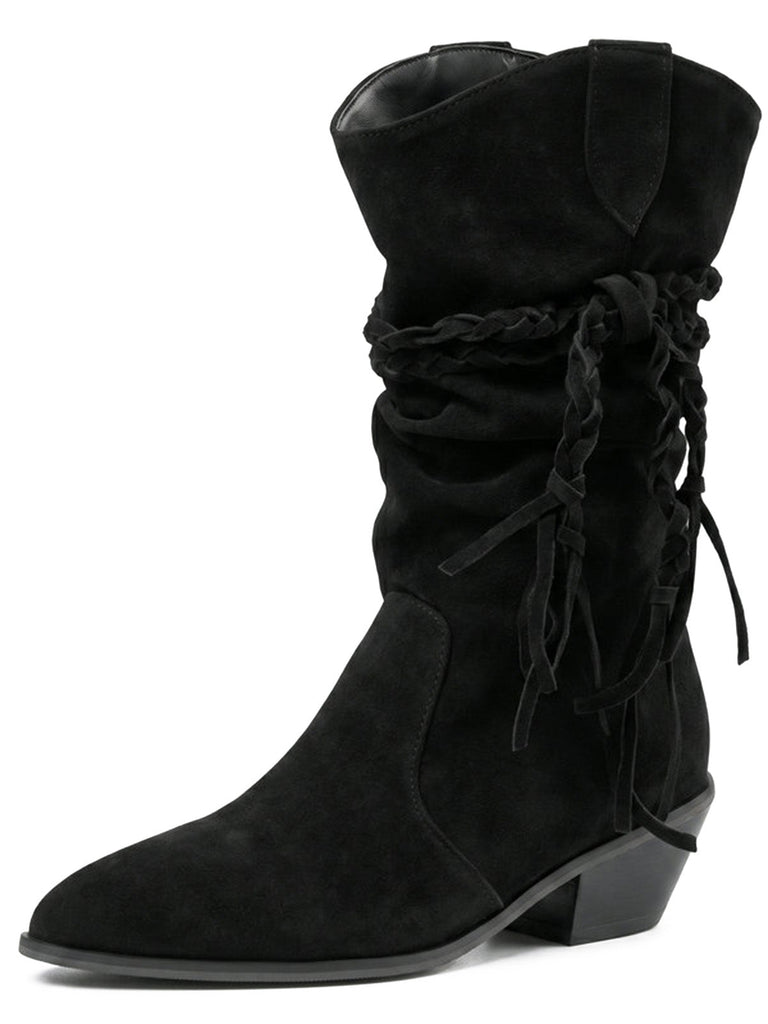 Bottes western noires mi-mollet en velours à brides tressées - 1