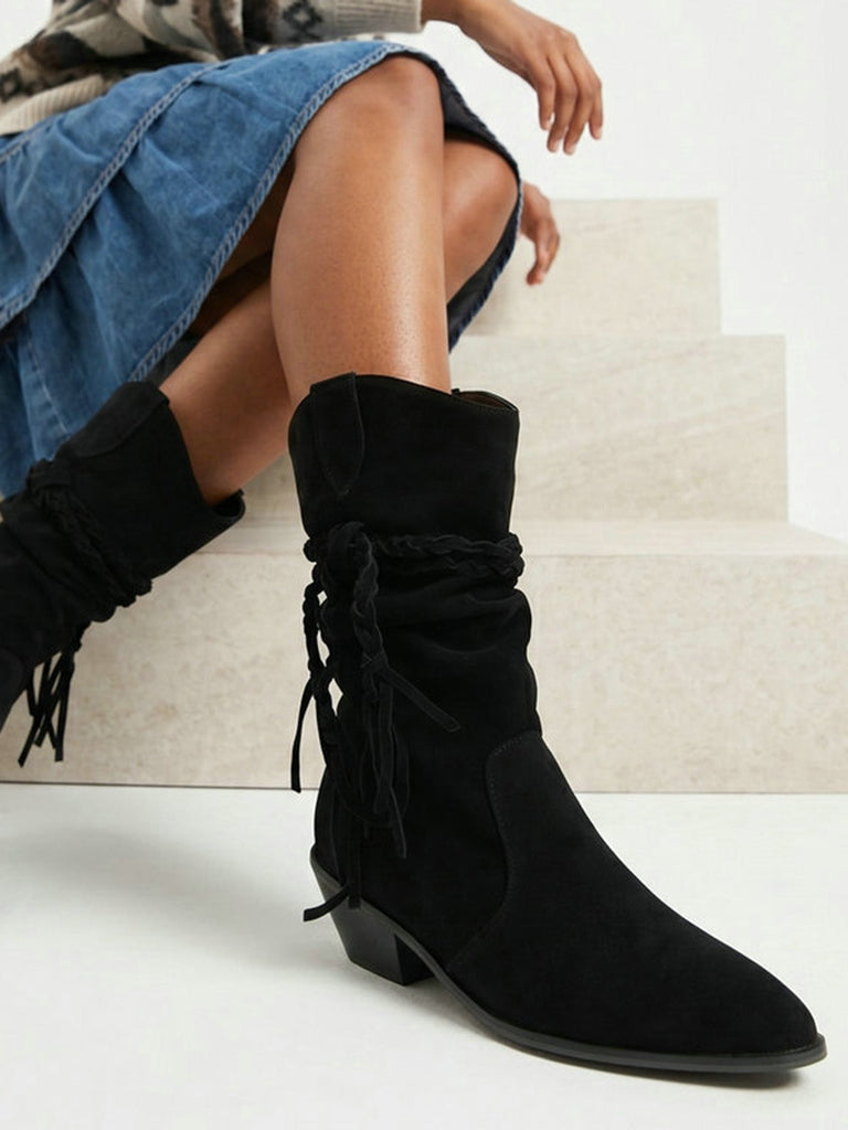Bottes western noires mi-mollet en velours à brides tressées - 7