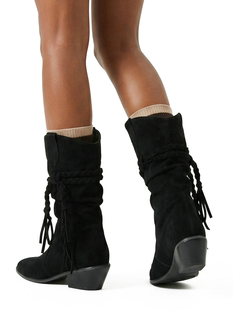 Bottes western noires mi-mollet en velours à brides tressées - 8