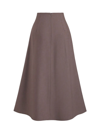 Marron Taille Haute Bouton Plissé Jupe Années 1980 2